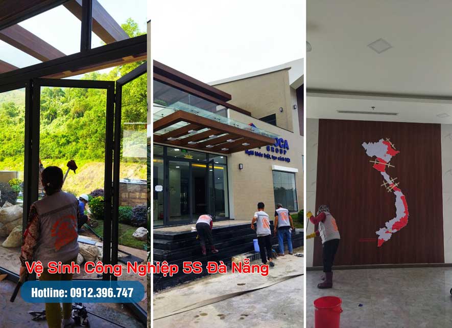 Tiếp theo là công đoạn vệ sinh kính và sàn công trình